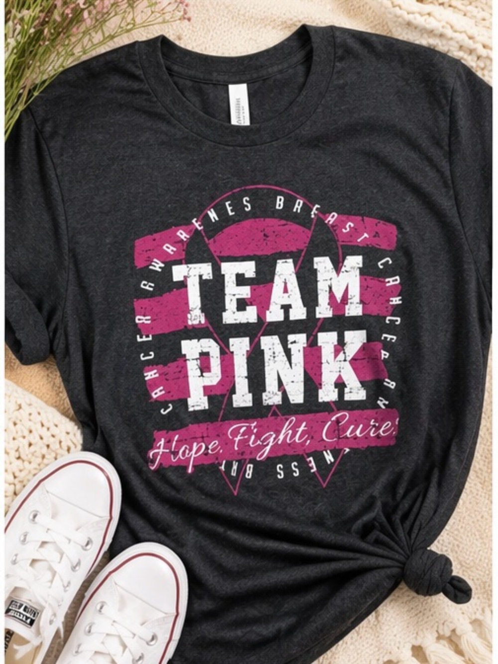 Breast Cancer Team Pink Gray T-Shirt| Graphic Short Sleeve Top | Medium